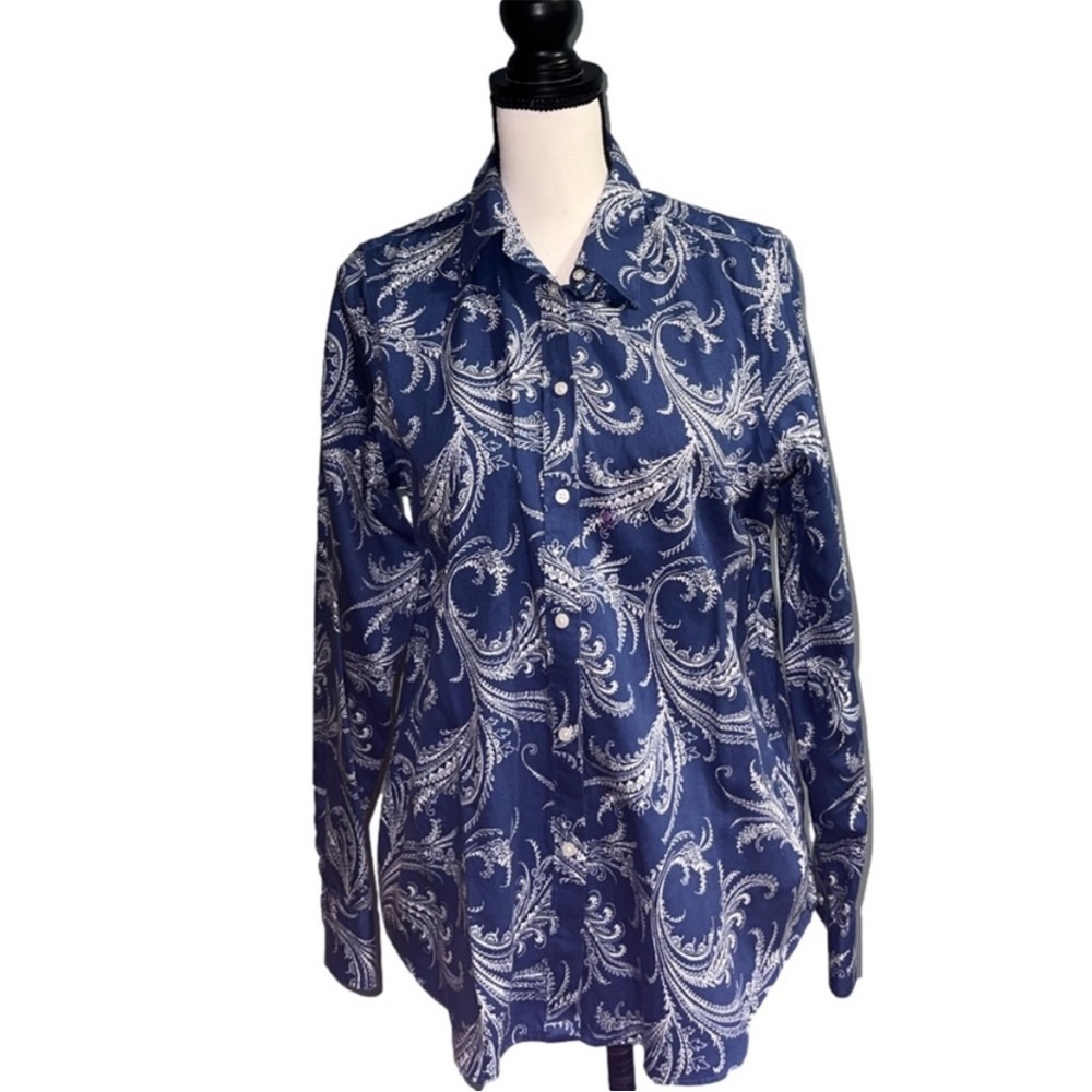 chaps- blue and white button up long sleeve top - Picture 1 of 5